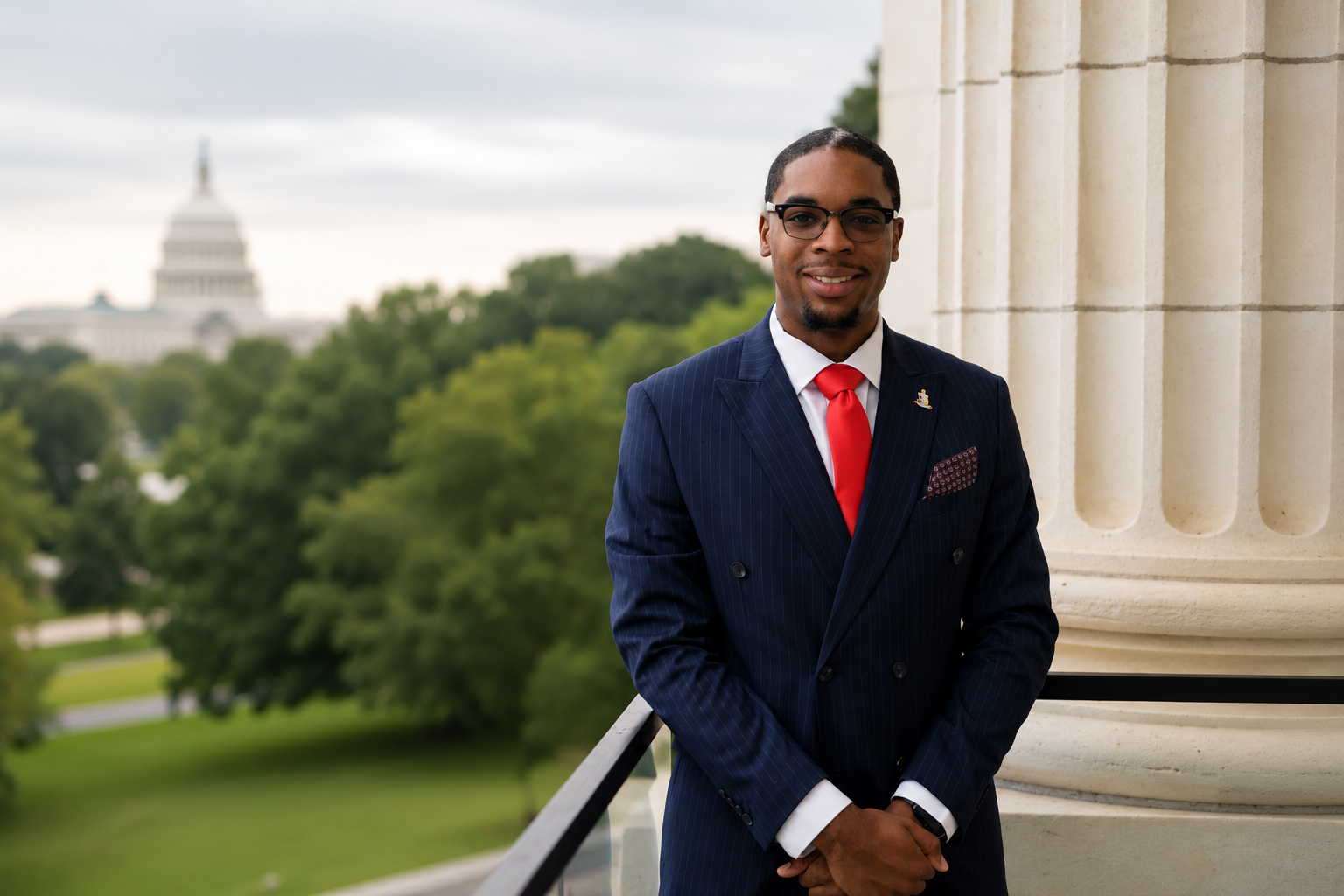 Imer Holman, candidate for Vigo County School Board, District 1, wearing a navy pinstripe suit and red tie in front of the U.S. Capitol